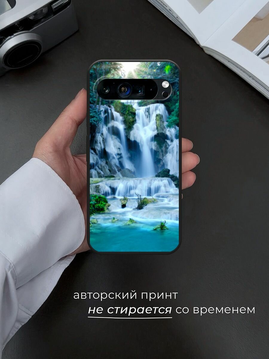 Черный матовый чехол на Google Pixel 9 Pro XL / Гугл Пиксель 9 Про XL с принтом "Водопад 8" — фото 1