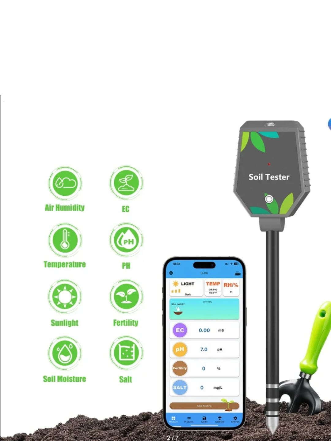 Умный тестер почвы 8-в-1 Bluetooth: pH, EC, влажность, температура