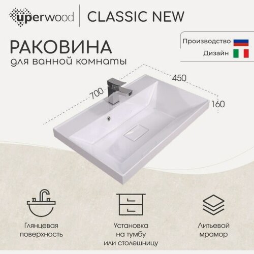 Изображение товара Раковина для ванной Uperwood Classic New 70х45х16,3 см, белая глянцевая, с накладкой для слива