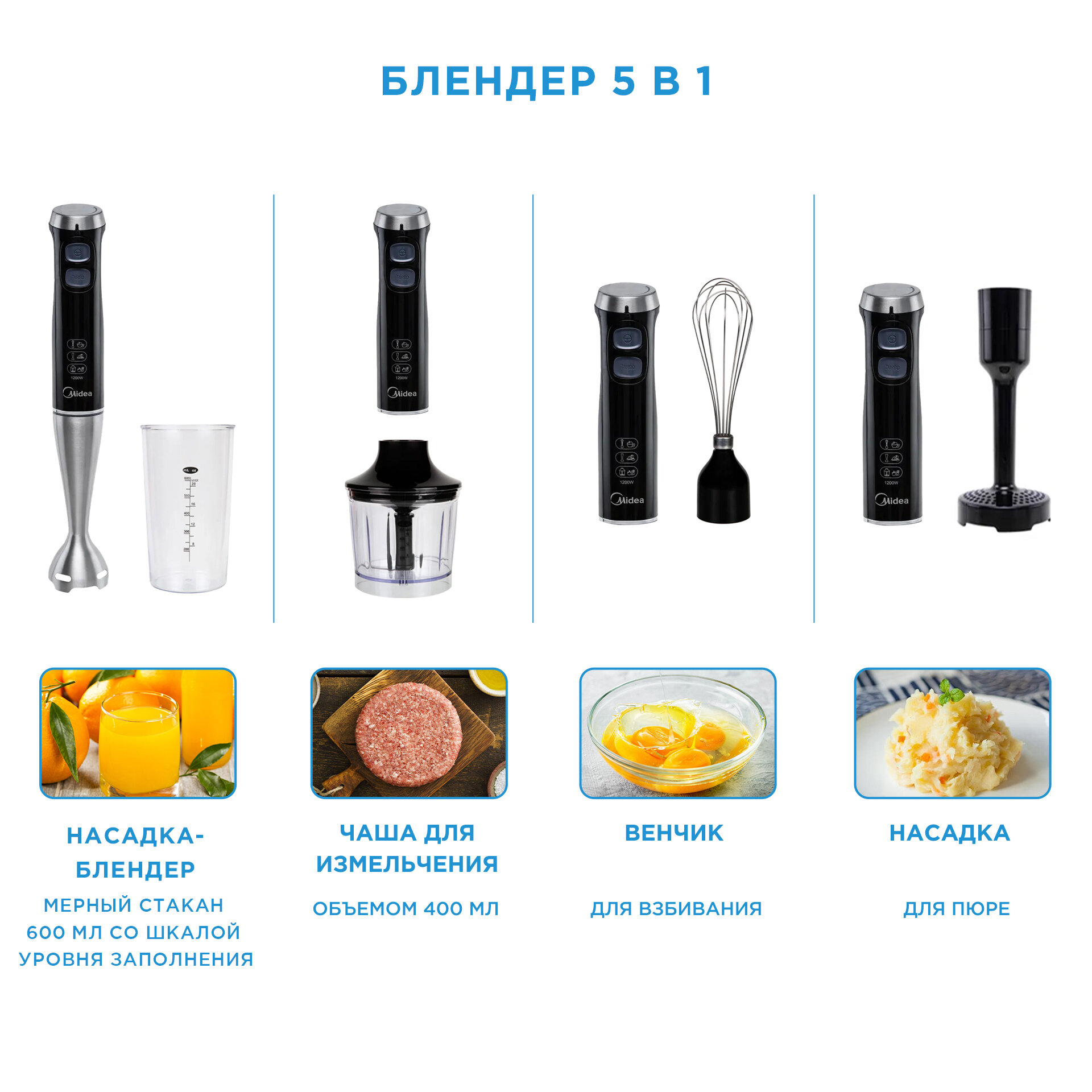 Блендеры Погружные Xiaomi Блендер погружной Midea MC-BL503, чаша 0,6 л, 3 насадки, турборежим, насадка для пюре, плавная регулировка скорости