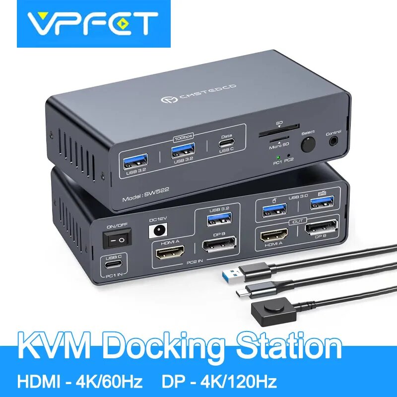 KVM-переключатель 2 монитора 2 ПК USB C Док-станция с HDMI 4K 60 Гц DP 4K 120 Гц KVM-переключателем Двойные мониторы USB3.2 10 Гбит/с VPFET, EU Plug