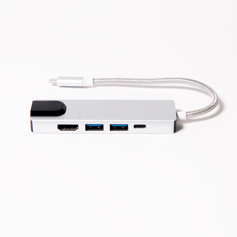 USB-HUB Type-C 3.1 - 2*USB А 3.0/HDMI/USB Type-C(зарядка)/RJ45, 0,15 м (шт/гн), серебряный — фото 1
