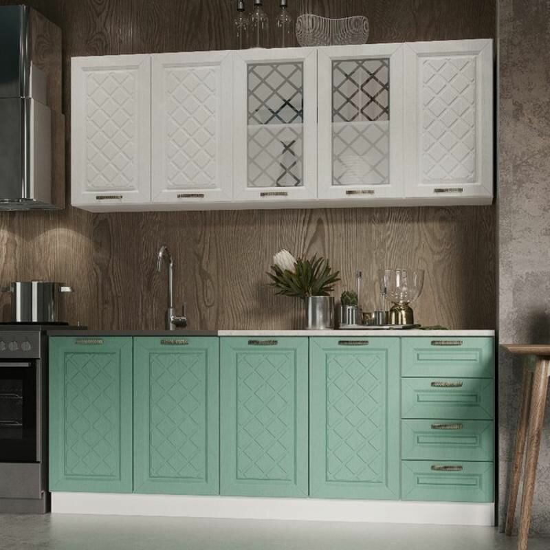 Кухня Агава 2000х600 акация белая / мята для кухни для дома с полками и выдвижными ящиками