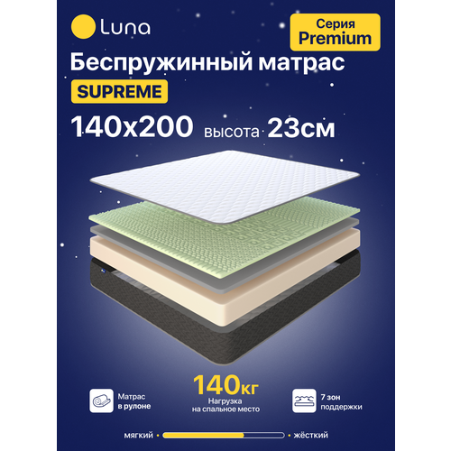 фото Матрас на кровать ортопедический luna premium supreme 140х200 см, беспружинный, 7 зон поддержки тела, высота 23 см