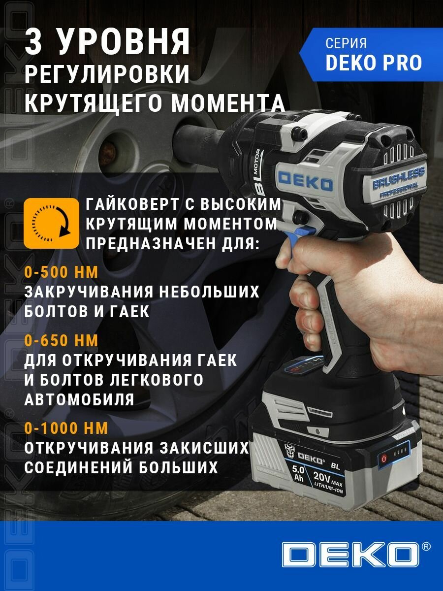Гайковерт аккумуляторный бесщеточный DEKO ZKIS20 PRO, 20В, 2*5.0Ач, 1000 Нм, в кейсе — фото 1