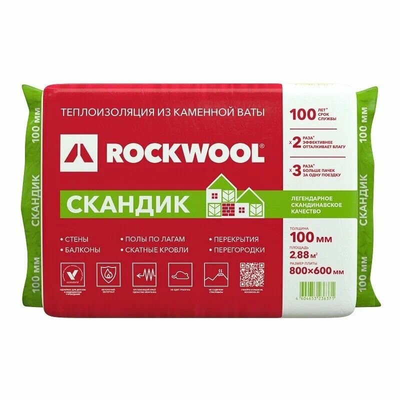 Базальтовая вата Rockwool Лайт Баттс Скандик 800х600х100 мм 6 шт (35 кг/м3; 0,288 м3; 2,88 м2)