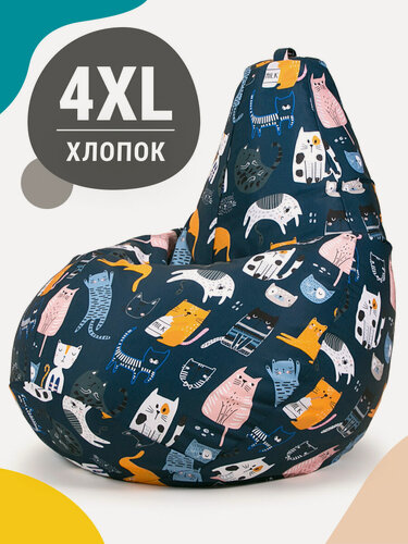 Изображение товара Кресло мешок MyPuff, бескаркасное кресло, пуфик мешок, размер 4XL, мебельный хлопок, Коты непоседы синие