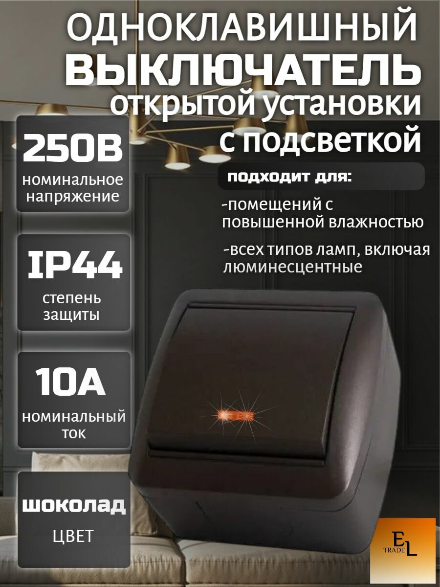 Выключатель одноклавишный открытой установки, с подсветкой, IP44, 10А, шоколад, Селигер
