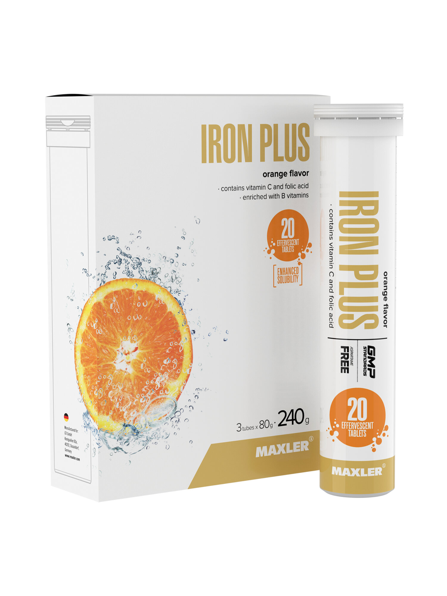 Железо с витаминами группы B и С Maxler Iron Plus Effervescent, 3 тубы по 20 шипучих таблеток - Апельсин