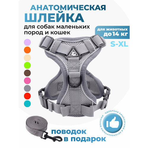 Шлейка прогулочная для собак и кошек регулируемая Wonder Pet / размер L / серая