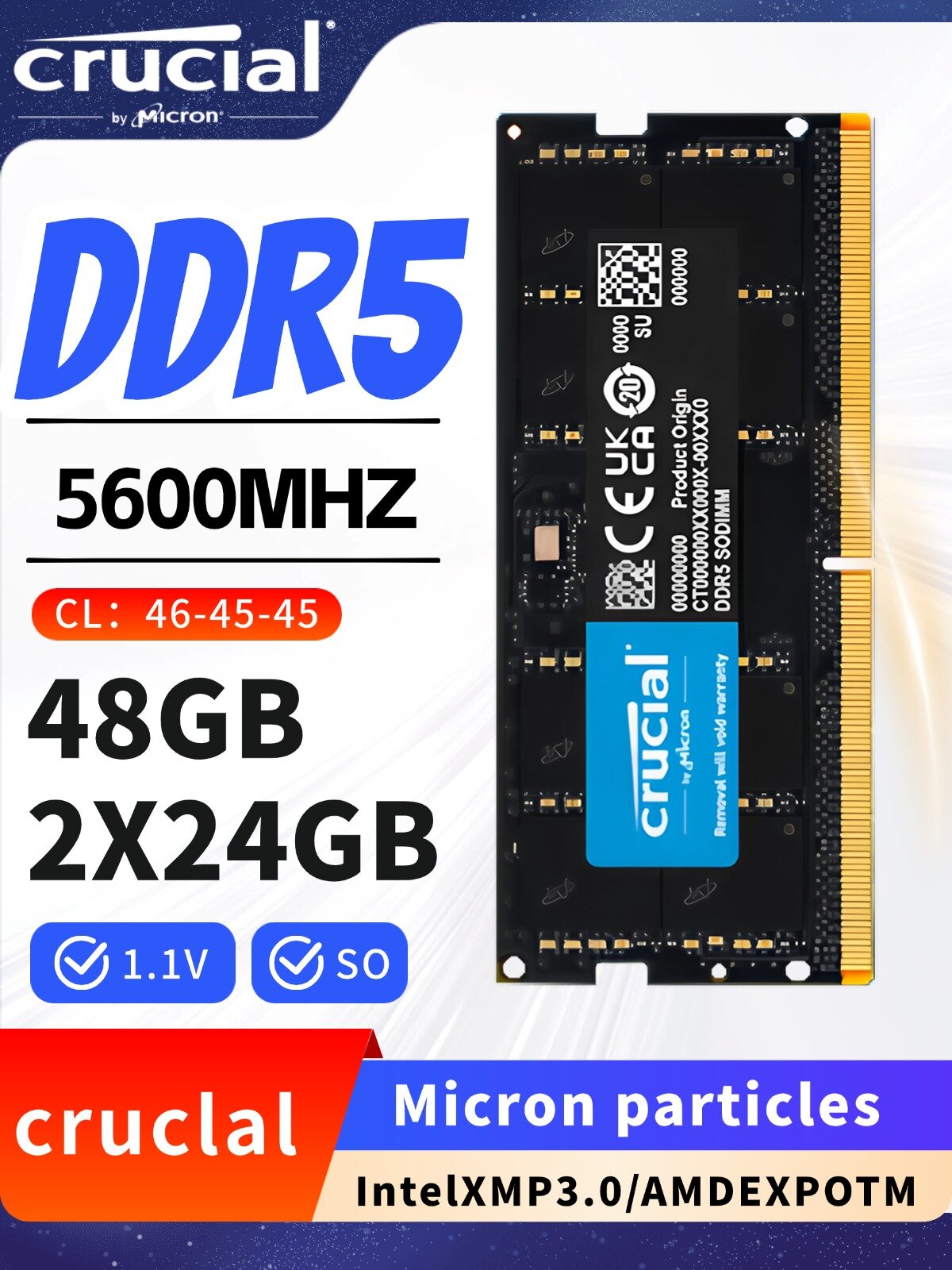 Crucial Оперативная память 48GB DDR5 RAM (2X24 GB) 5600 MHz Память ноутбука