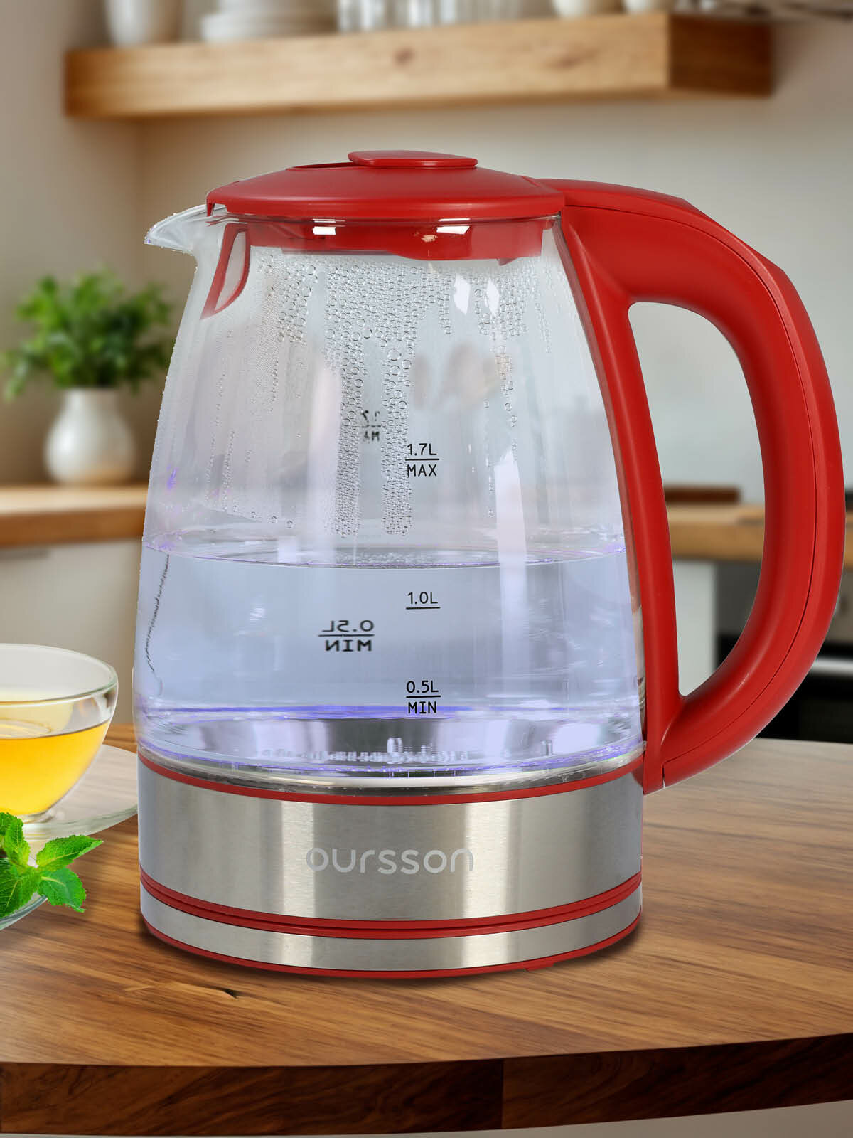 Электрический стеклянный чайник Oursson KE1744GD/RD, LED-подсветкой, винный, 1.7л, 2200W