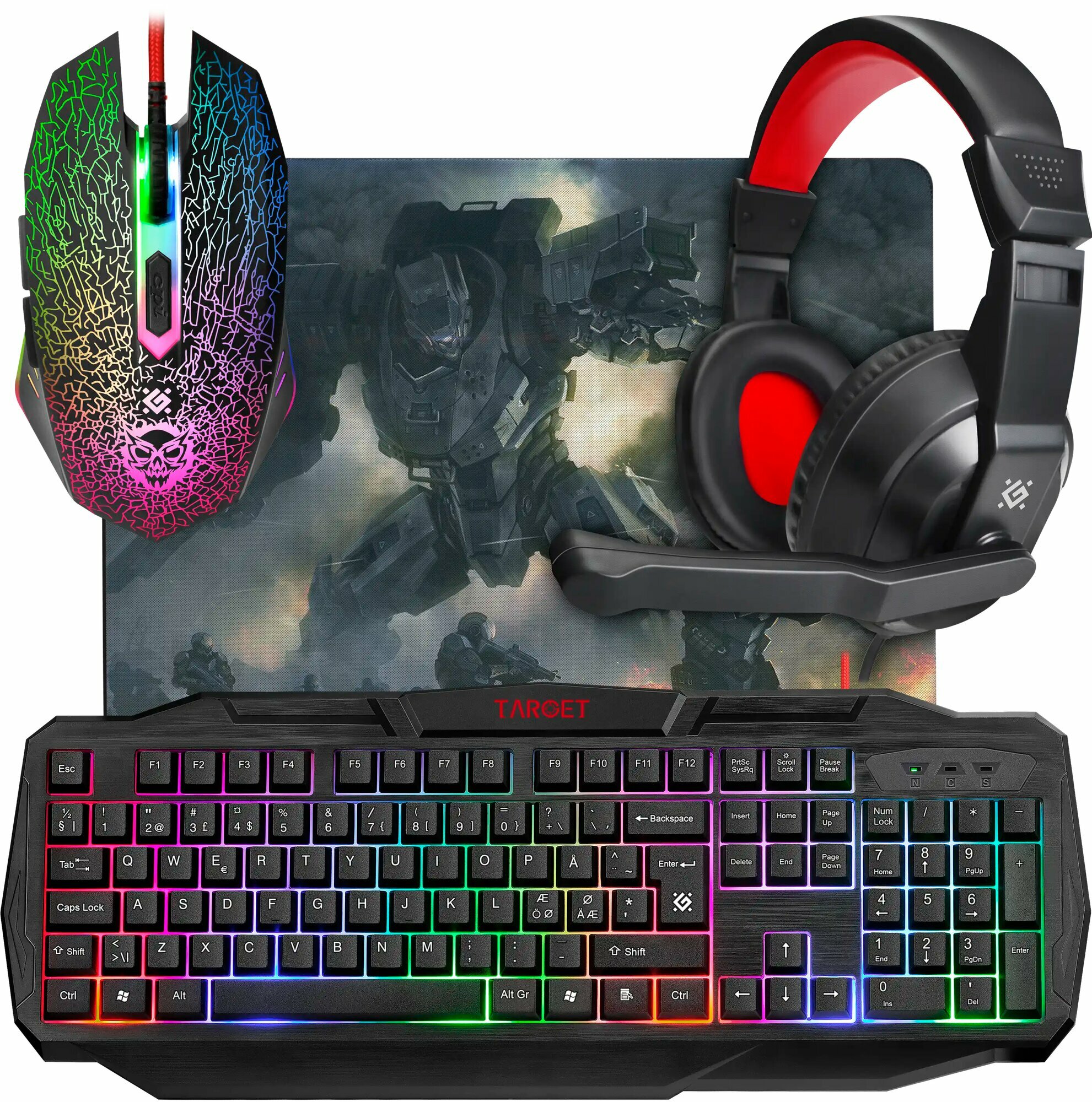 Игровой набор Defender Target, клавиатура, мышь, гарнитура, коврик, влагозащита, черно-красный