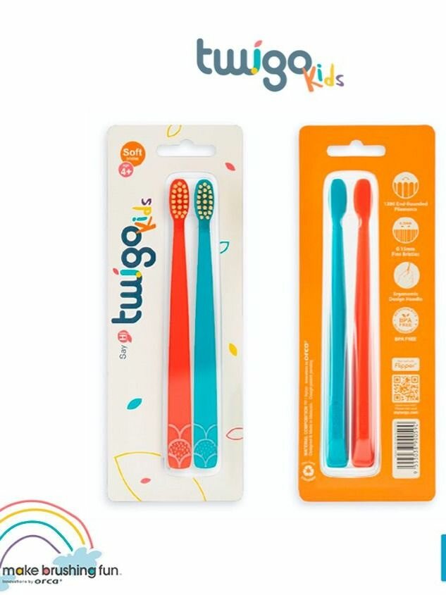 Детская зубная щетка TWIGO KIDS набор 2 шт. (оранжевая и синяя), мягкая щетина, без BPA, для детей