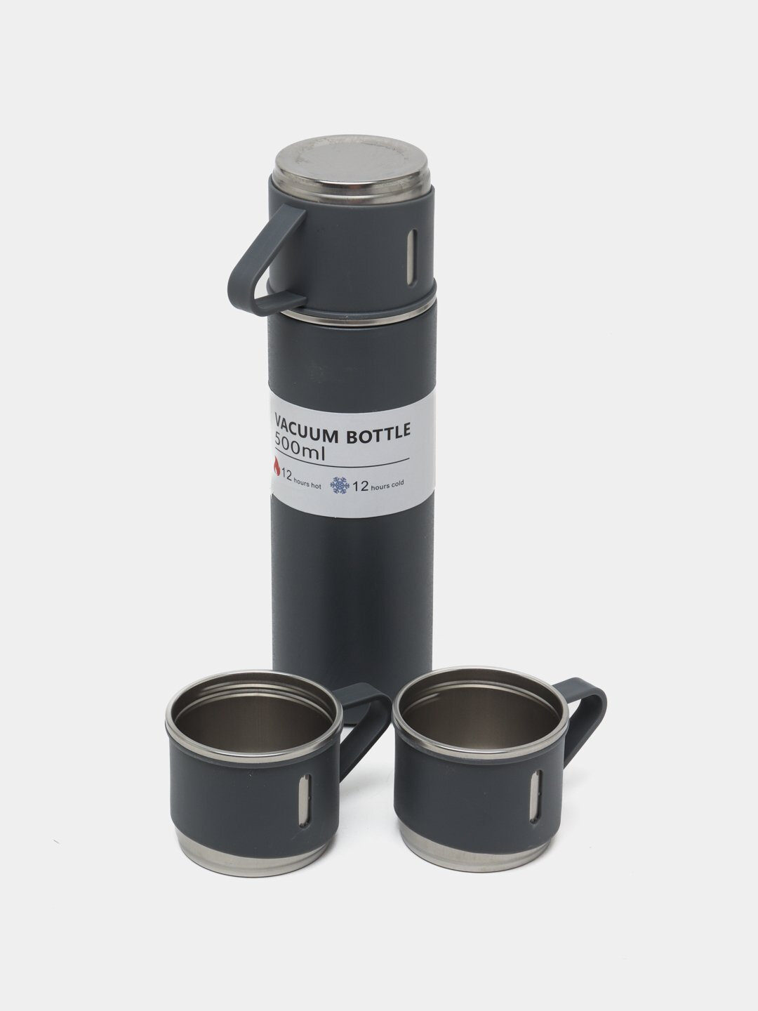 Термос, 3 стакана и подарочный набор, 500 мл - Тёмно-серый — фото 1