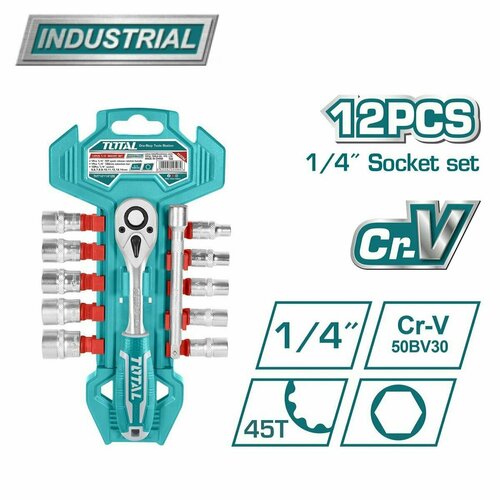 Набор торцевых головок, 1/4, головки 5 - 14 мм, 10шт, малый, с трещоточным ключом TOTAL набор торцевых ключей с храповым механизмом 6 шт 1 4 дюйма