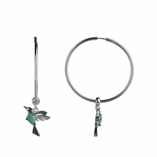 Серьги CORDE Серьги конго колибри с натуральными изумрудами и фианитами, серебро, 925 проба, родирование, изумруд, фианит, размер 23 мм, длина 2.3 см, зеленый