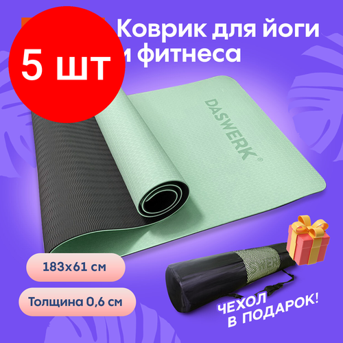 Комплект 5 шт Коврик для йоги и фитнеса спортивный двухцветный ТПЭ 183x61x06 см светло-зеленыйчёрный DASWERK 680031 8037₽