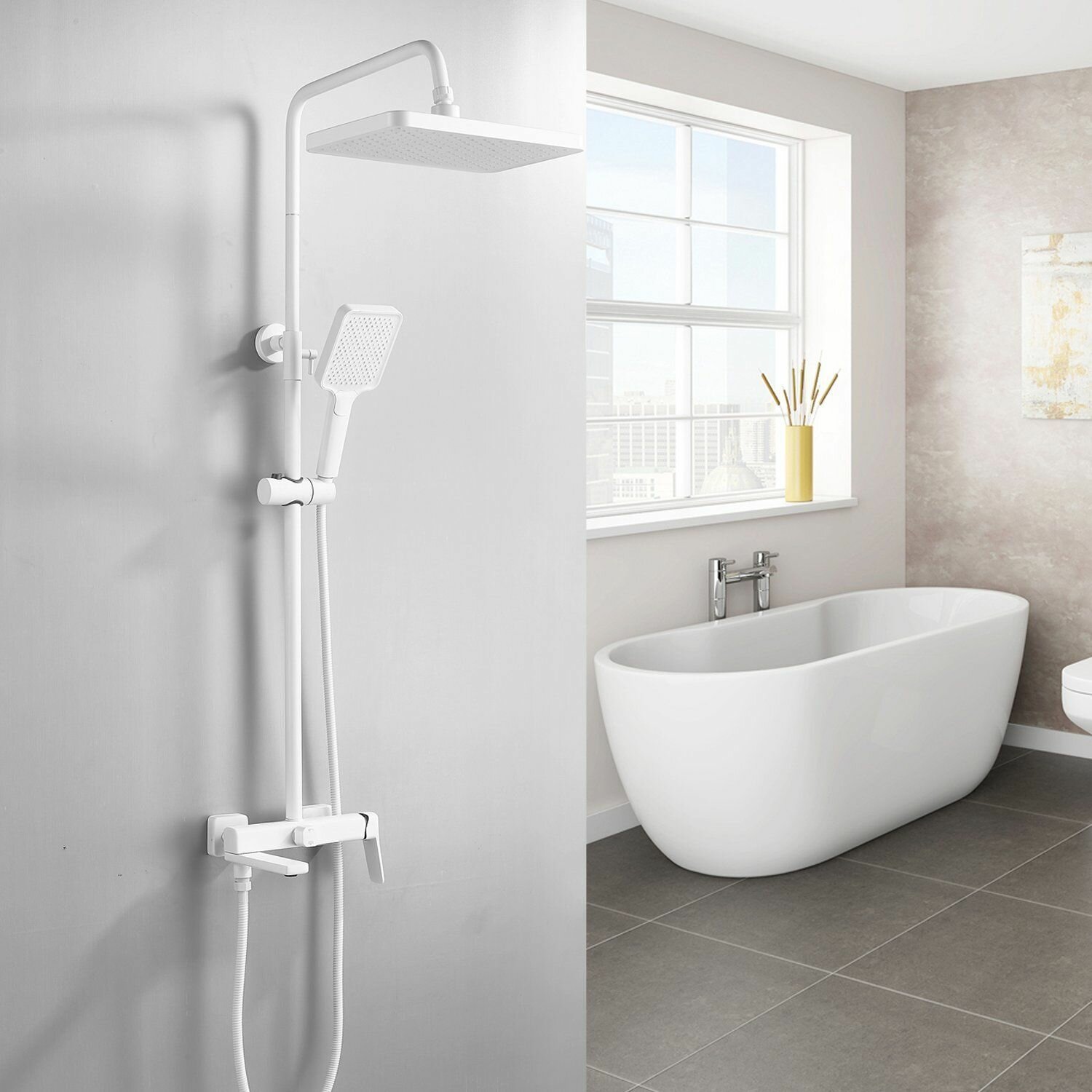 Душевая система Shevanik S9936C, латунь, белый, вертикальный монтаж, режимы тропический дождь и массажная струя