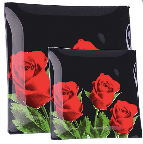 Набор из 7 тарелок 29,5 х 29.5 см. 18 х 18 см. "Красная Роза" для подачи, сервировки Иранское стекло черные