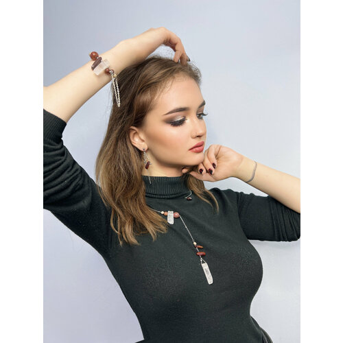 фото Комплект бижутерии maro: браслет, колье, чокер, серьги, подвеска, бычий глаз, яшма, горный хрусталь, агат, размер браслета 18 см, размер колье/цепочки 50 см, бежевый, розовый