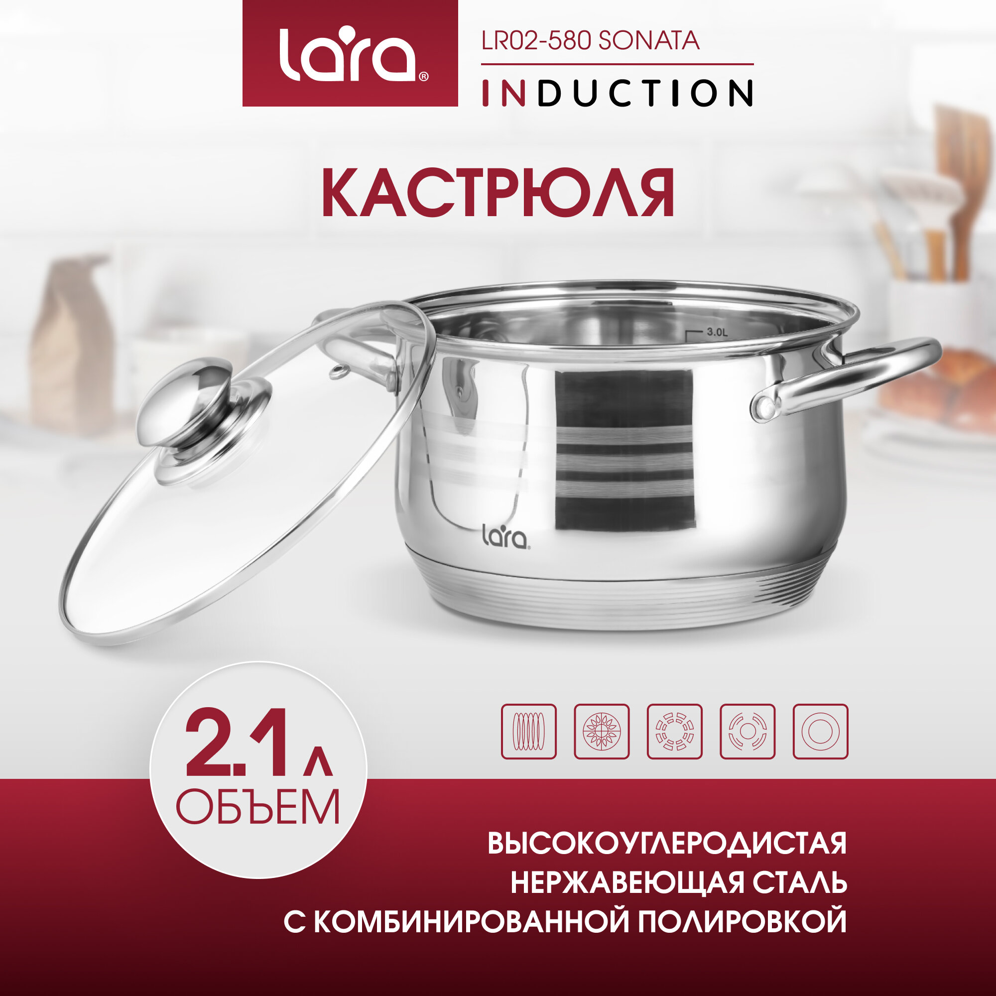 Кастрюля LARA LR02-580, 2.1л, с крышкой, серебристый