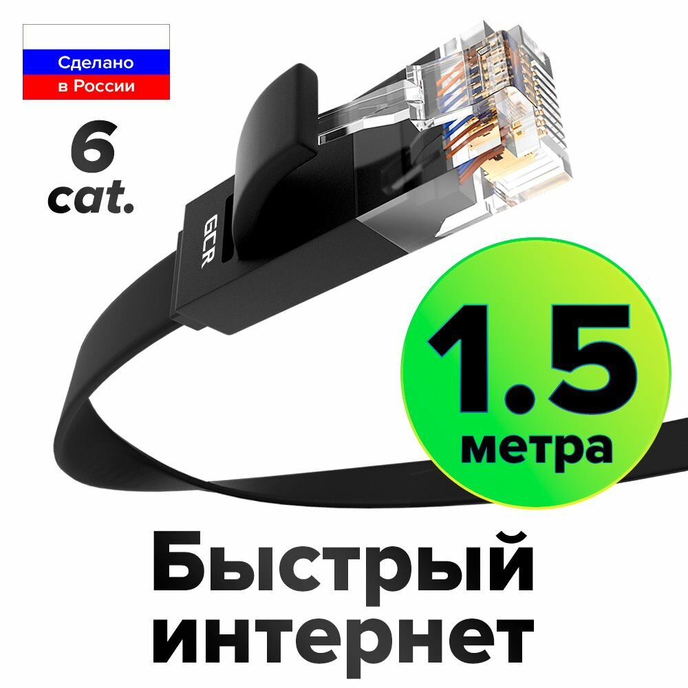 Патч-корд PROF плоский UTP cat.6 10 Гбит/с RJ45 LAN кабель для интернета медный контакты 24K GOLD (GCR-LNC62) черный 1.5м