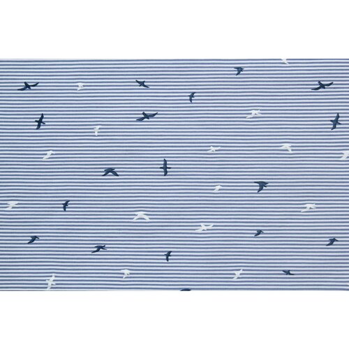 Ткань Хлопок-жаккард стрейч Raika D. сине-белая полоска с птичками, ш150см, 0,5 м
