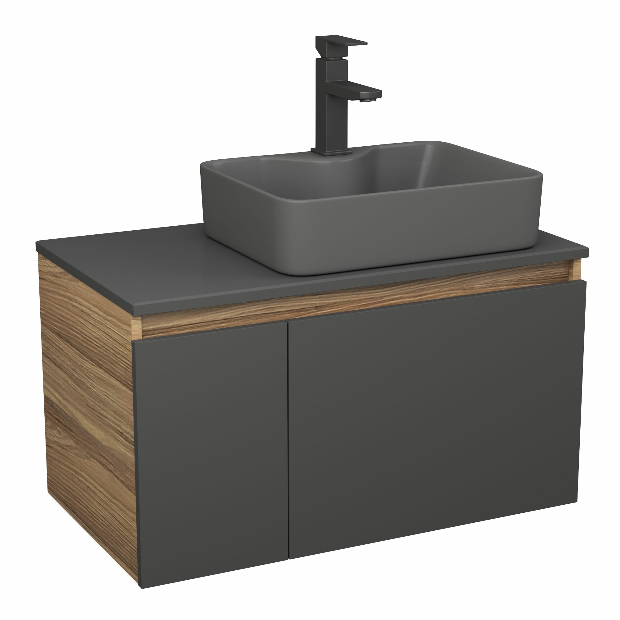 фото Комплект: тумба Bau Dream Blackwood графит 80, раковина BAU Cerama 48х37, темно-серая, смеситель Hotel Black, черный матовый
