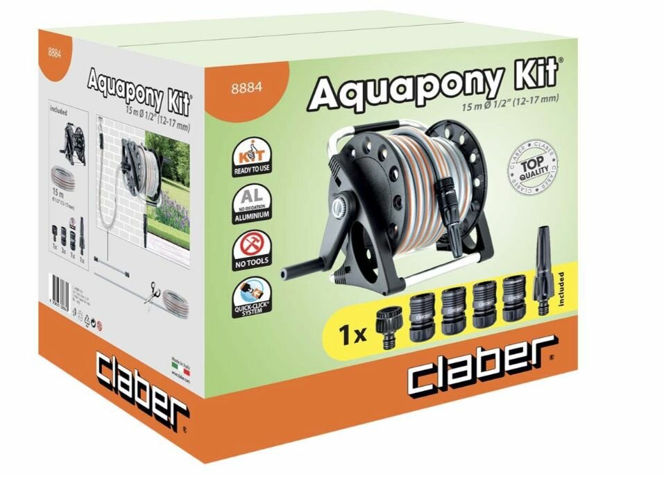 Катушка со шлангом 15м адаптер на кран 3/4"-1/2" + 4 муфты AQUA PONY CLABER 88840000