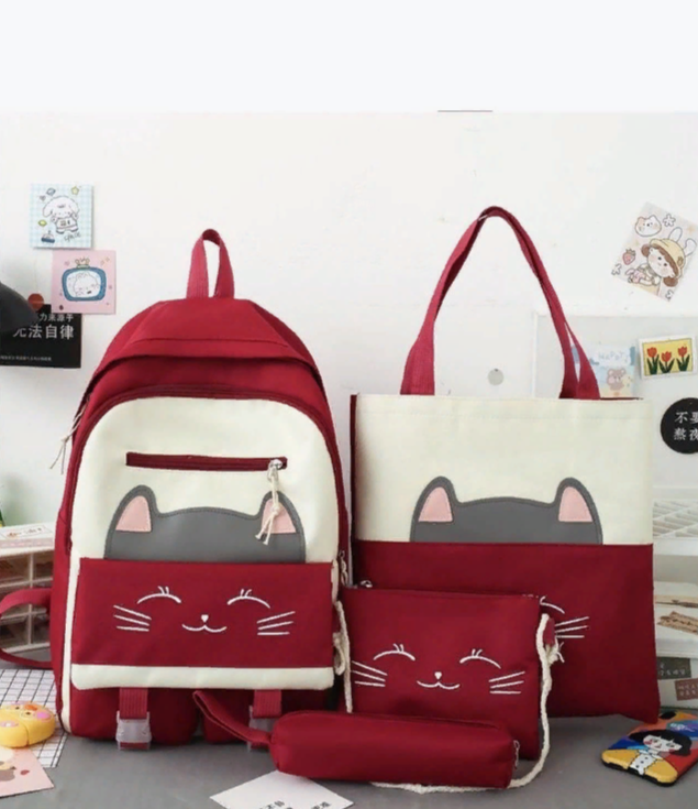 Рюкзак школьный для девочек 4в1 ранец с кошечкой, набор сумок красный рюкзак в школу