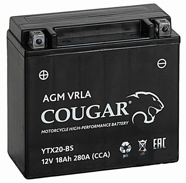 Аккумулятор мотоциклетный COUGAR AGM VRLA 12V18 YTX20-BS 175x87x155