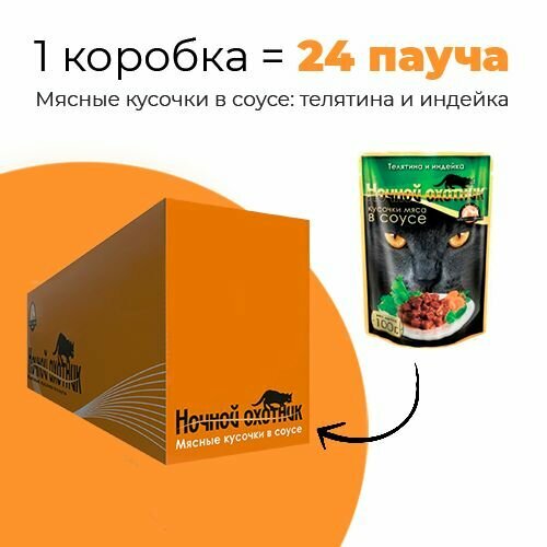 Упаковка 24 пауча для кошек ночной охотник Телятина и индейка в соусе