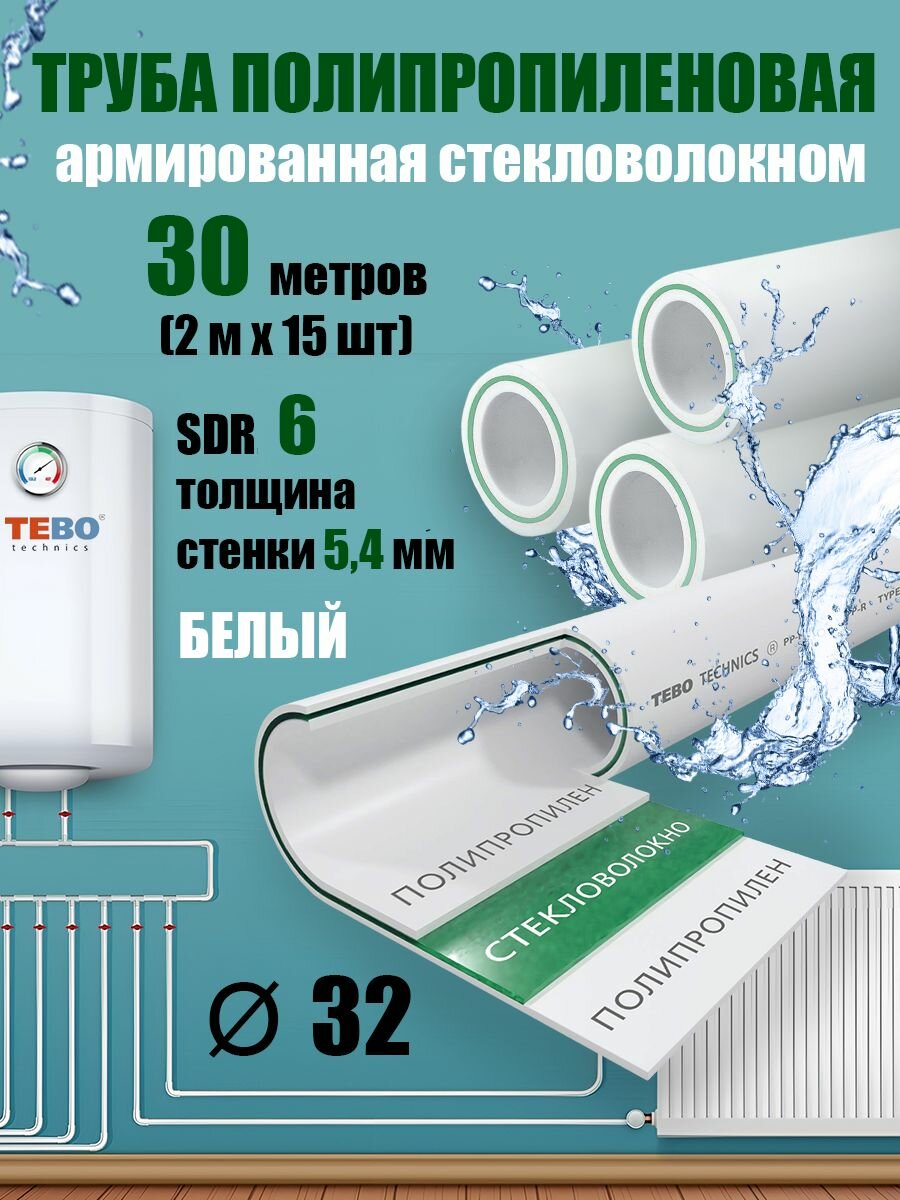 Труба 32 мм полипропиленовая, армированная стекловолокном (для отопления), SDR 6, 30 метров (2 м х 15 шт) / Tebo (белый)