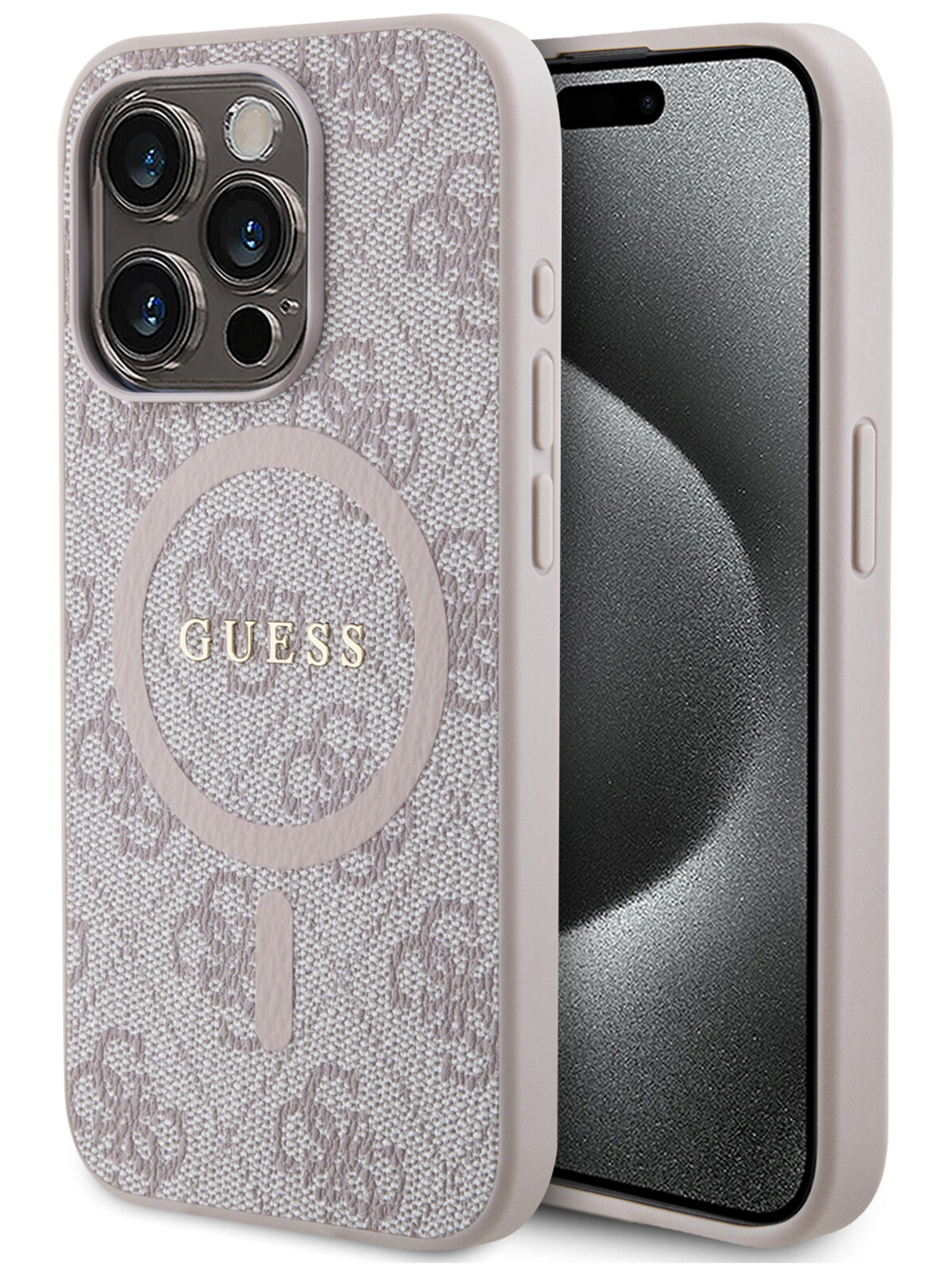 Guess для iPhone 15 Pro Max чехол PU 4G Colored ring Metal logo Hard Pink (MagSafe)