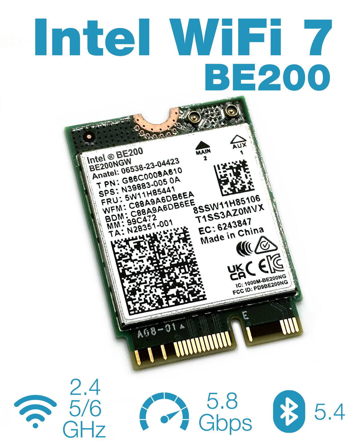 Адаптер WiFi 7 + Bluetooth Intel BE200NGW (M.2 BE AX 5.8 Gbps 2.4/5/6 Ghz Bluetooth 5.4)