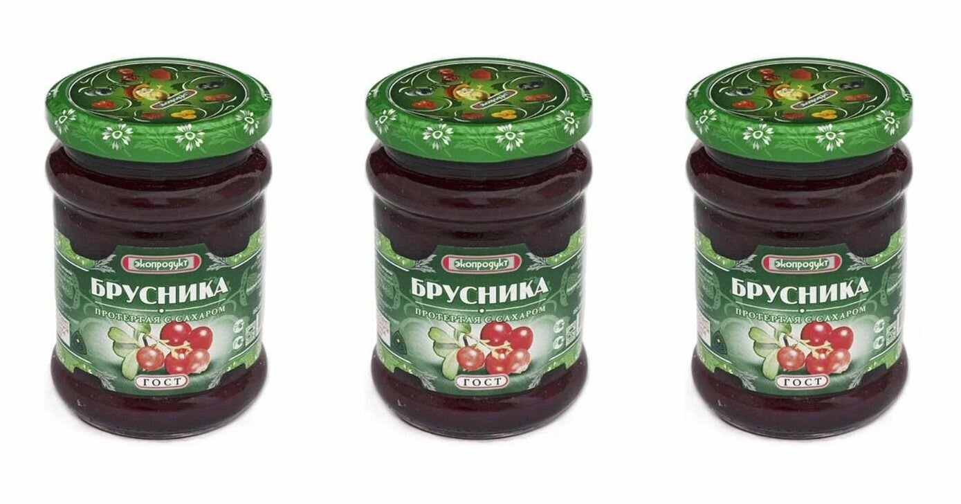 Экопродукт Фруктовые консервы Брусника протертая с сахаром, 320 г, 3 шт