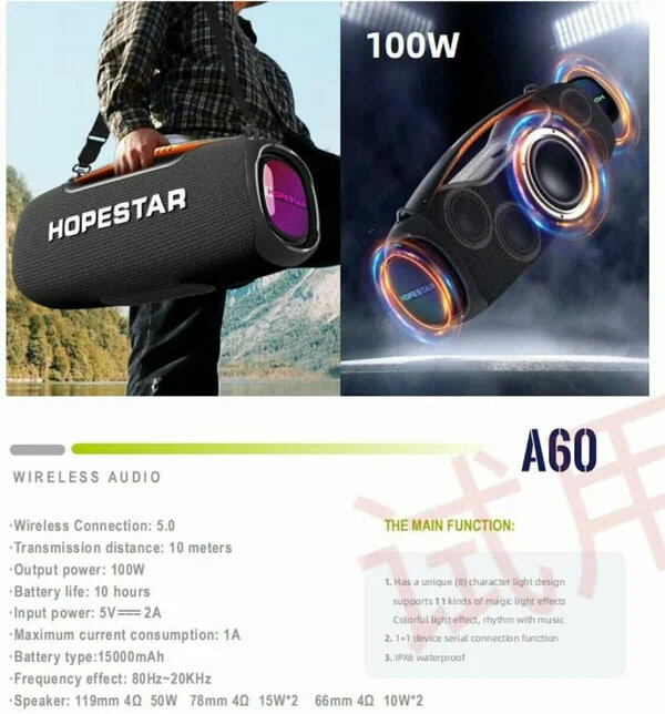 Портативная Беспроводная Bluetooth Колонка Hopestar A60, 100W / Караоке Система / Беспроводной Микрофон / Синяя — фото 1