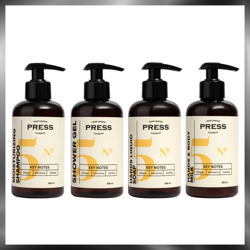 Подарочный набор Шампунь для волос PRESS GURWITZ PERFUMERIE №5/Гель для душа пантенол/Жидкое мыло для рук/Молочко для тела и рук увлажнение, унисекс