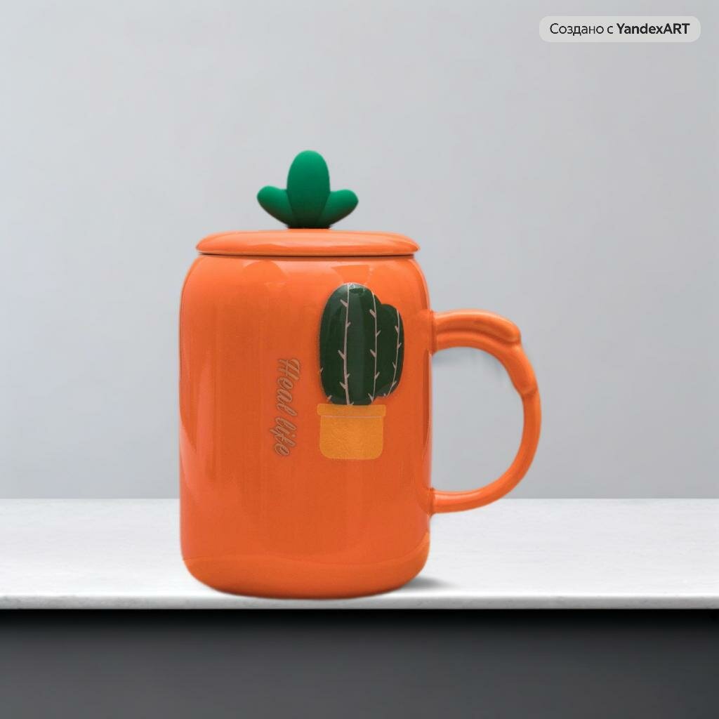 Кружка Кактус Cactus (N 1) оранжевая 420 мл Эврика, Heal life чашка с крышкой и ложкой, подарочная, милая, женская, мужская, детская 23 февраля, 8 марта