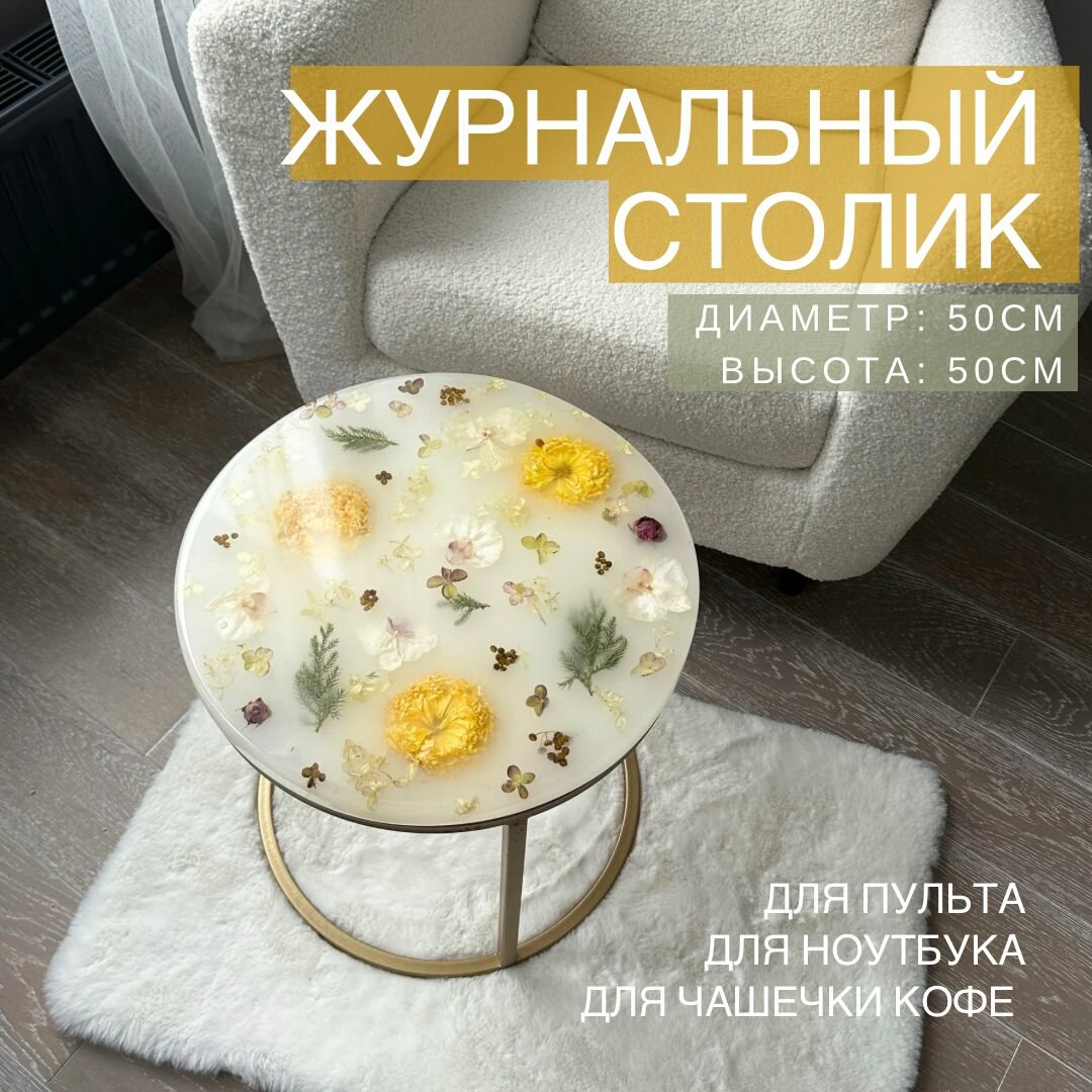 фото Круглый журнальный стол река из эпоксидной смолы с цветами внутри в гостиную к дивану или креслу