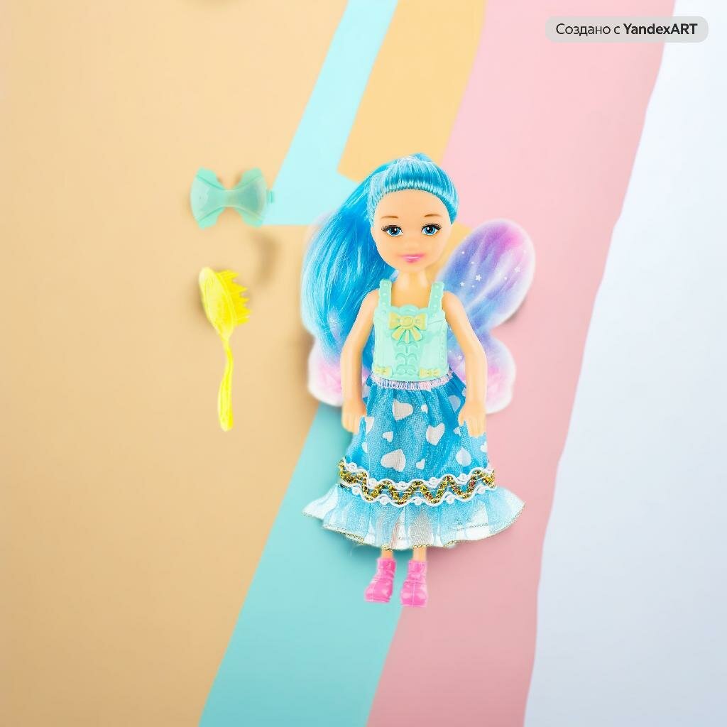 Кукла Фея, 13см, с голубыми крыльями и волосами, для детей от 3 до 9 лет