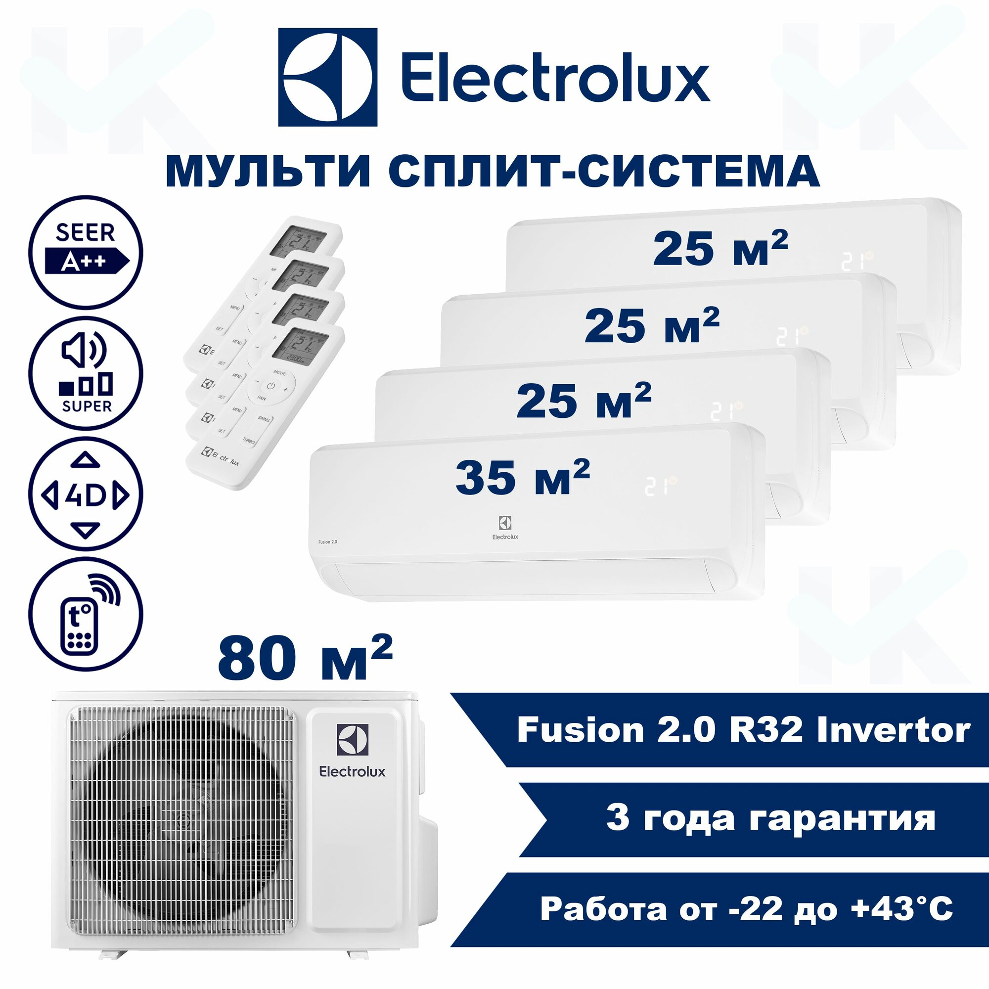 Инверторная мульти сплит-система ELECTROLUX серии Fusion 2.0 на 4 комнаты (25 м2 + 25 м2 + 25 м2 + 35 м2) с наружным блоком 80 м2, Попеременная работа