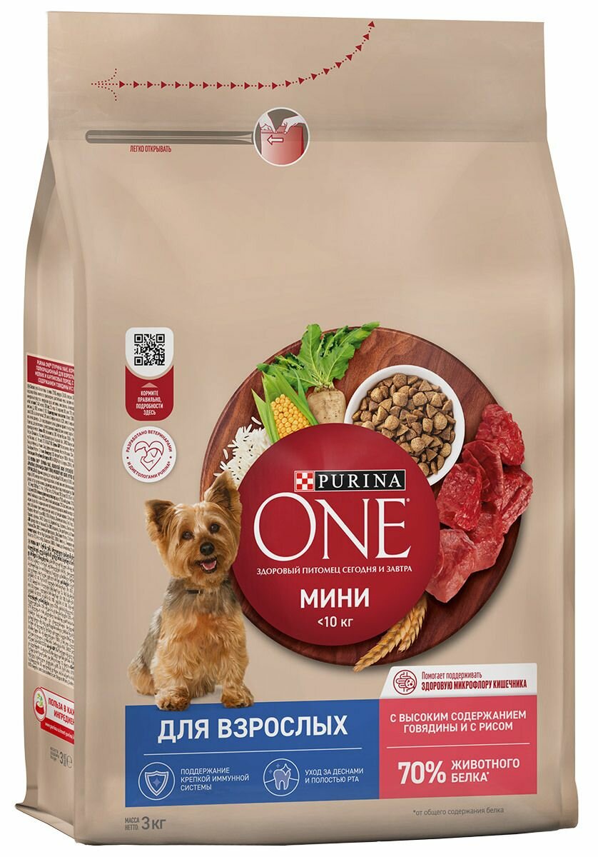 фото Сухой корм Purina One для взрослых собак мелких и карликовых пород с говядиной и рисом 3 кг