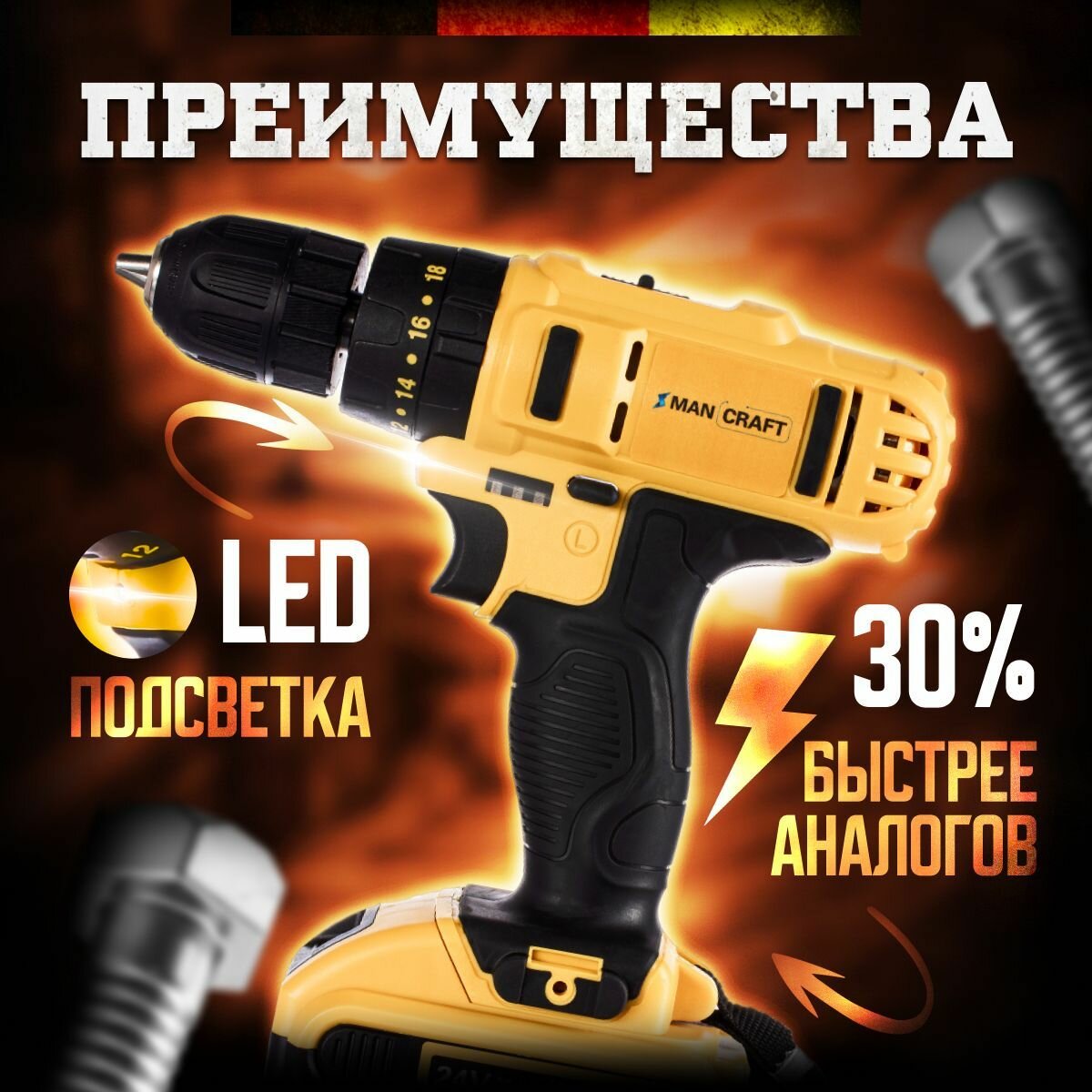 Дрель-шуруповерт MANCRAFT аккумуляторная дрель ручная с 2 скоростями 24 В, 35 Нм, 3500 об/мин, кейс + набор оснастки, строительный электроинструмент — фото 1