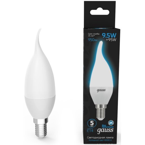 Светодиодная лампа Gauss Свеча на ветру 9.5W 950lm 6500K E14 LED 1/10/50