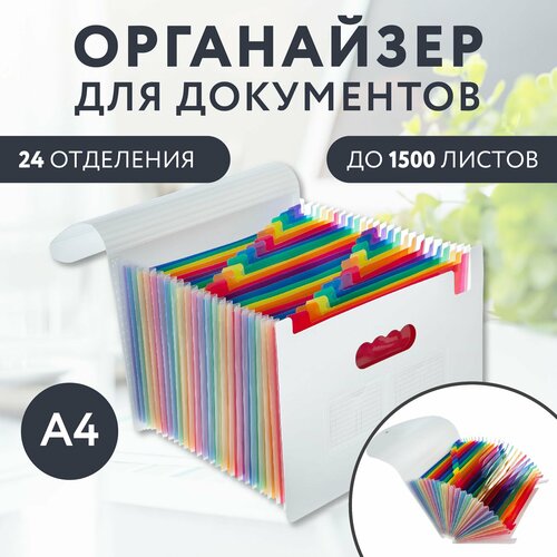 Папка органайзер для хранения документов А4 24 отделения, белая/разноцветная складная на резинке, канцелярская сумка-папка, семейная