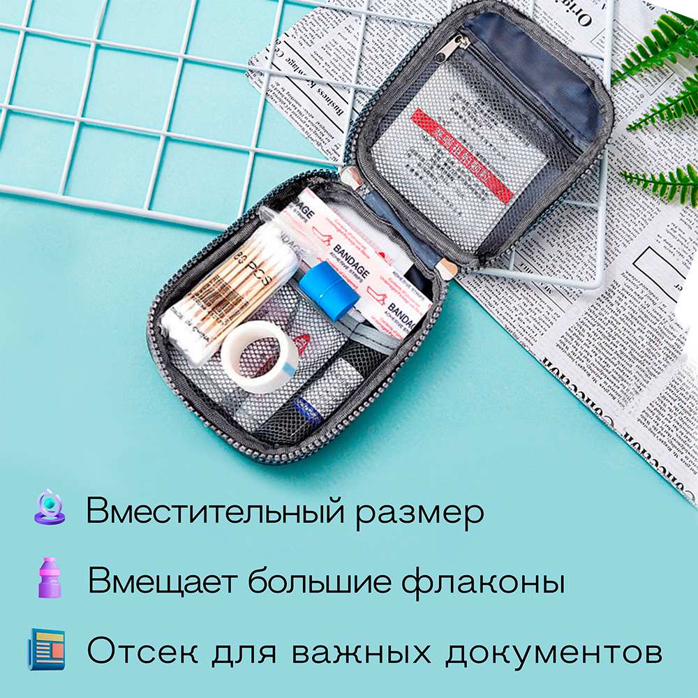 Мини аптечка дорожная / В сумку / Органайзер для лекарств, 14*11*2 см, непромокаемая, голубая — фото 1