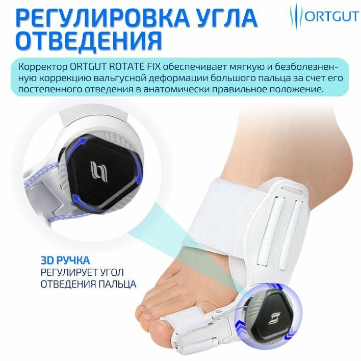 Шины Иммобилизационные Вальгусная шарнирная шина ORTGUT ROTATE FIX с регулировкой угла отклонения / Бандаж большого пальца ноги при вальгусной деформации / Корректор от косточки на ноге - 1 шт.