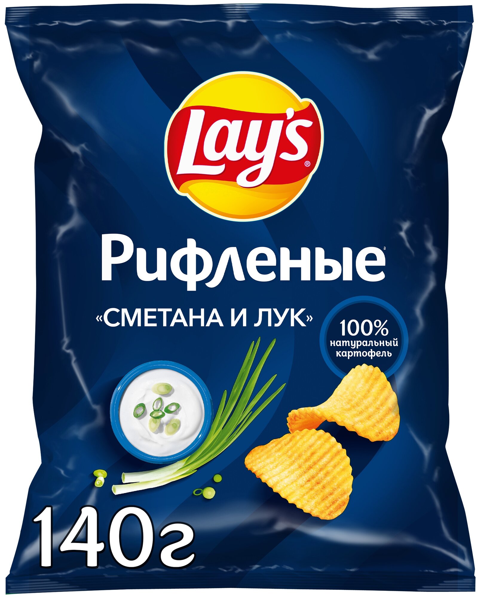 Чипсы Lay's, картофельные, со вкусом сметаны и лука, рифлёные, 140 г, флоу-пак, 1 шт